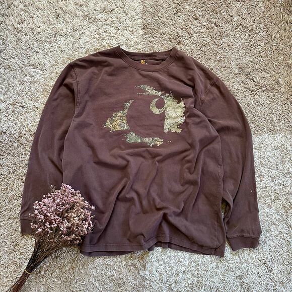 Vintage Brown Carhartt Long Sleeve Big Logo Faded Work Original Fit Men’s XL - Picture 1 of 13